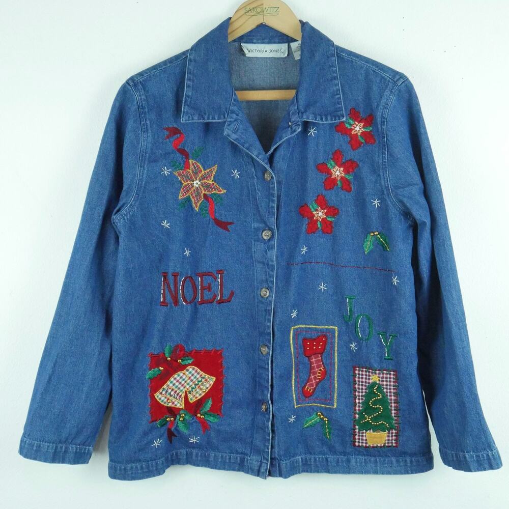 Vintage Small Denim Shirt Embroidered Christmas Shacket Holiday 90s Granny‎ Cute